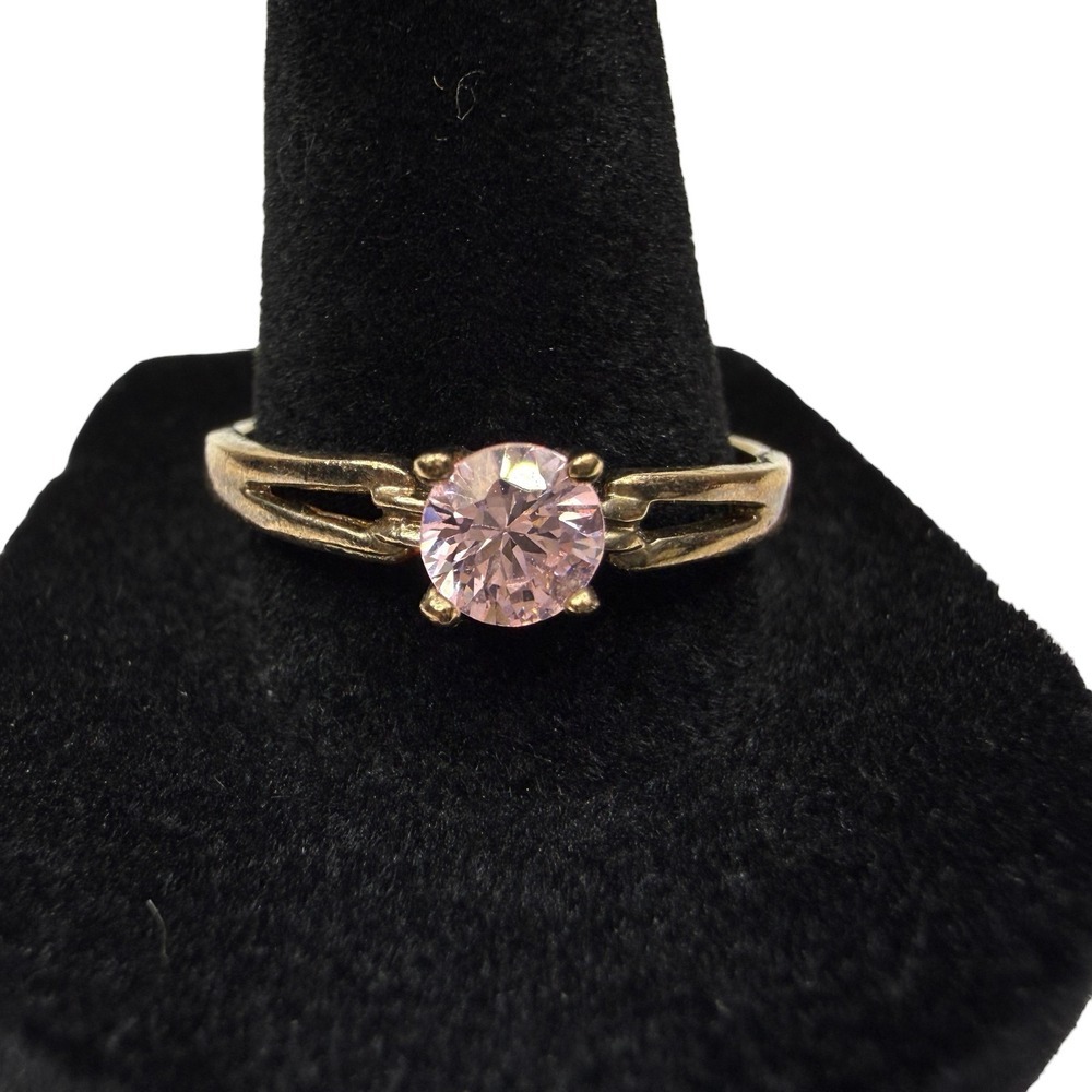 Pink Solitaire Rhinestone Ring Gold Tone Split Shank Fashion Jewelry Size 10